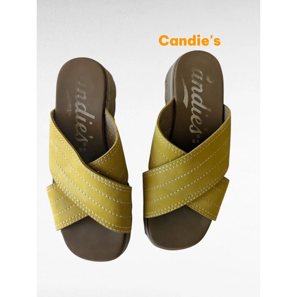 Candie’s Mustard Criss Cross Slide Sandals Size 8B Platform Boho Y2K